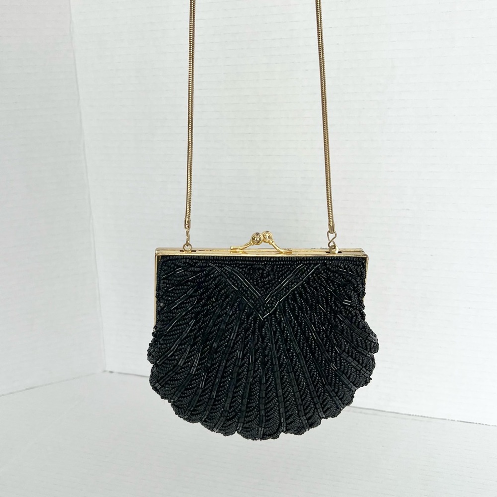 VTG-Inspired Chic Art Deco Black Beaded Clam Shell Clutch Cocktail Gatsby Purse